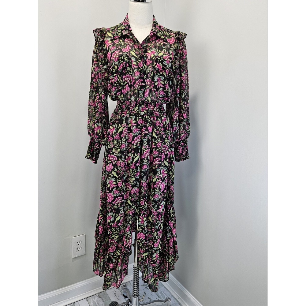 MISA Los Angeles Floral Chiffon Midi Dress Pink Black Smocked Waist Small